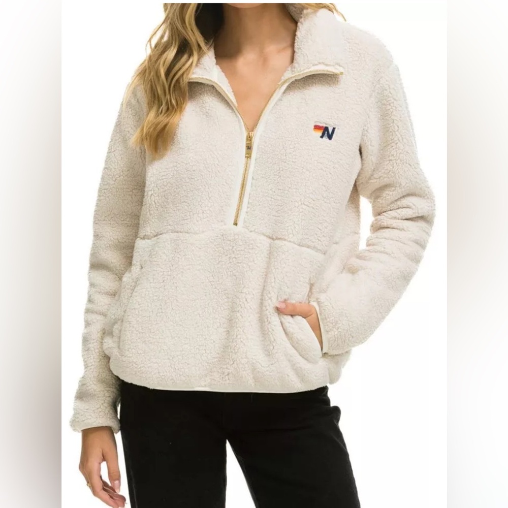 Aviator Nation Teddy Half Zip Jacket Beige Size Small